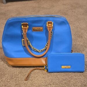 Joy & Iman Vibrant Blue and Tan Satchel Set